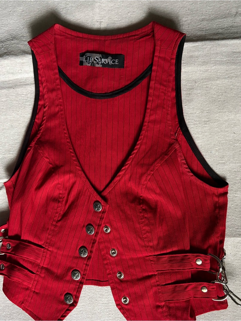 Lip Service Red Pinstripe Vest with Buckle Strap Details NWOT